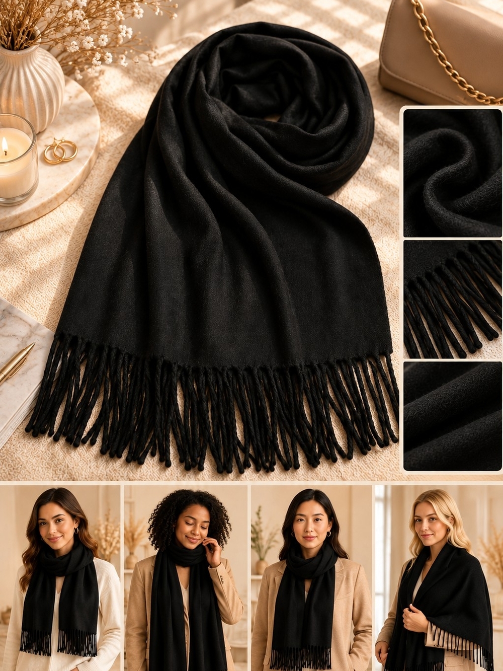 Classic Black Fringe Scarf - Women Accessories